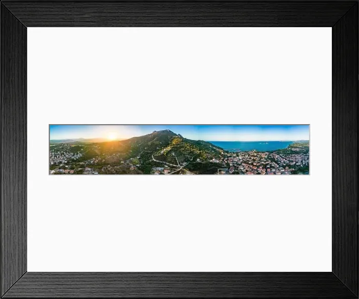 Framed Print : Aerial drone panoramic view of the Santa Maria Navarrese beach. Sardinia, Italy Framed Print : Aerial drone panoramic view of the Santa Maria Navarrese beach. Sardinia, Italy