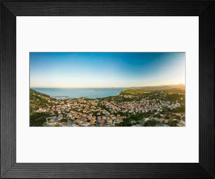 Framed Print : Aerial drone panoramic view of the Santa Maria Navarrese beach. Sardinia, Italy Framed Print : Aerial drone panoramic view of the Santa Maria Navarrese beach. Sardinia, Italy