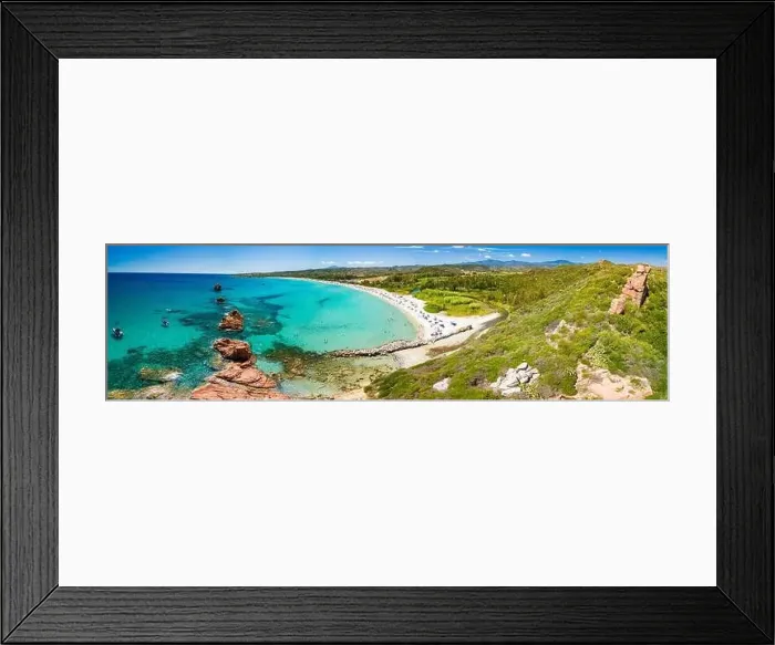 Framed Print : Aerial drone panoramic view of the Cea beach with the Red Rocks, Sardinia, Italy Framed Print : Aerial drone panoramic view of the Cea beach with the Red Rocks, Sardinia, Italy
