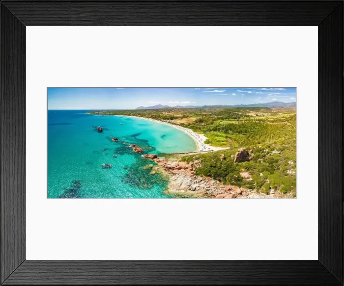 Framed Print : Aerial drone panoramic view of the Cea beach with the Red Rocks, Sardinia, Italy Framed Print : Aerial drone panoramic view of the Cea beach with the Red Rocks, Sardinia, Italy