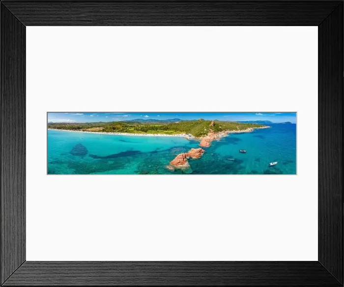 Framed Print : Aerial drone panoramic view of the Cea beach with the Red Rocks, Sardinia, Italy Framed Print : Aerial drone panoramic view of the Cea beach with the Red Rocks, Sardinia, Italy