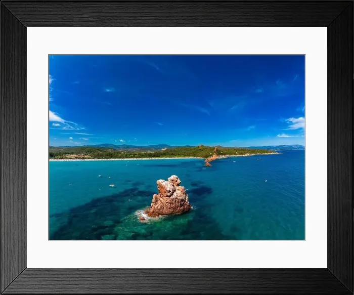 Framed Print : Aerial drone panoramic view of the Cea beach with the Red Rocks, Sardinia, Italy Framed Print : Aerial drone panoramic view of the Cea beach with the Red Rocks, Sardinia, Italy