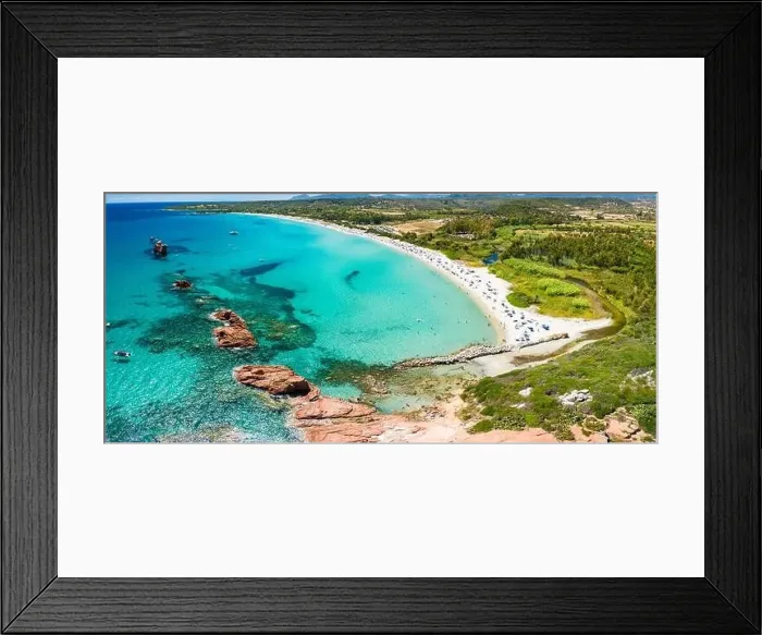 Framed Print : Aerial drone panoramic view of the Cea beach with the Red Rocks, Sardinia, Italy Framed Print : Aerial drone panoramic view of the Cea beach with the Red Rocks, Sardinia, Italy