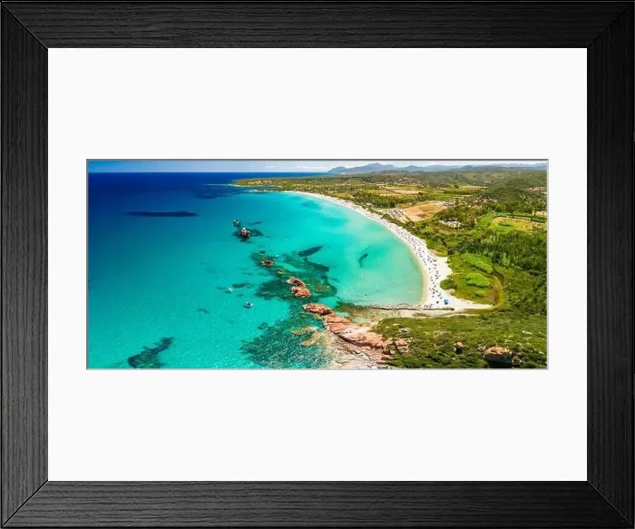 Framed Print : Aerial drone panoramic view of the Cea beach with the Red Rocks, Sardinia, Italy Framed Print : Aerial drone panoramic view of the Cea beach with the Red Rocks, Sardinia, Italy