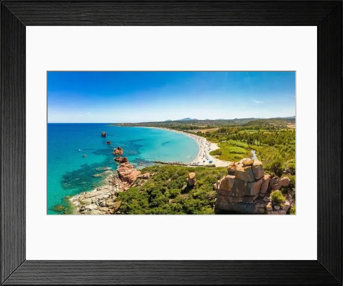 Framed Print : Aerial drone panoramic view of the Cea beach with the Red Rocks, Sardinia, Italy Framed Print : Aerial drone panoramic view of the Cea beach with the Red Rocks, Sardinia, Italy