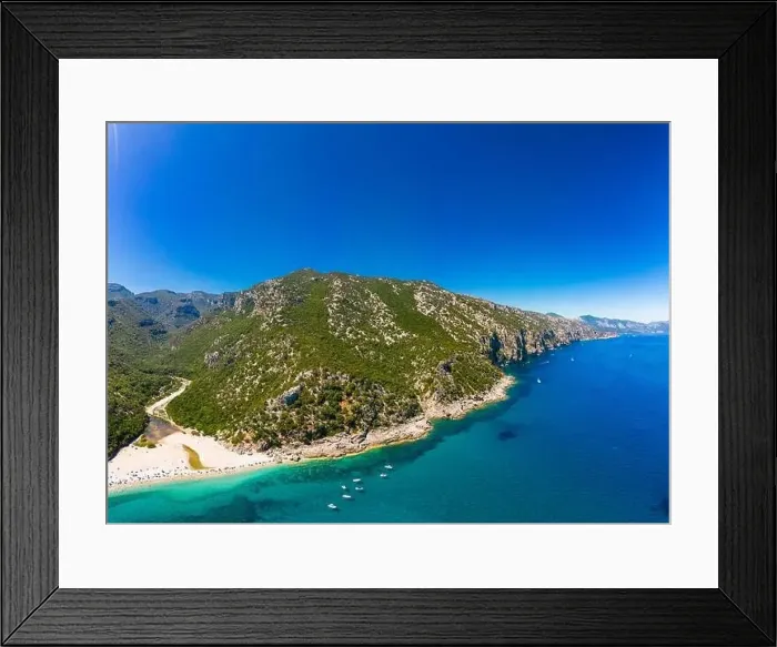 Framed Print : Aerial drone panoramic view of Cala Sisine beach in the Golf of Orosei, Sardinia, Italy Framed Print : Aerial drone panoramic view of Cala Sisine beach in the Golf of Orosei, Sardinia, Italy