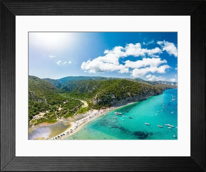 Framed Print : Aerial drone view of the vibrant Cala Luna Beach on Sardinia island, Italy