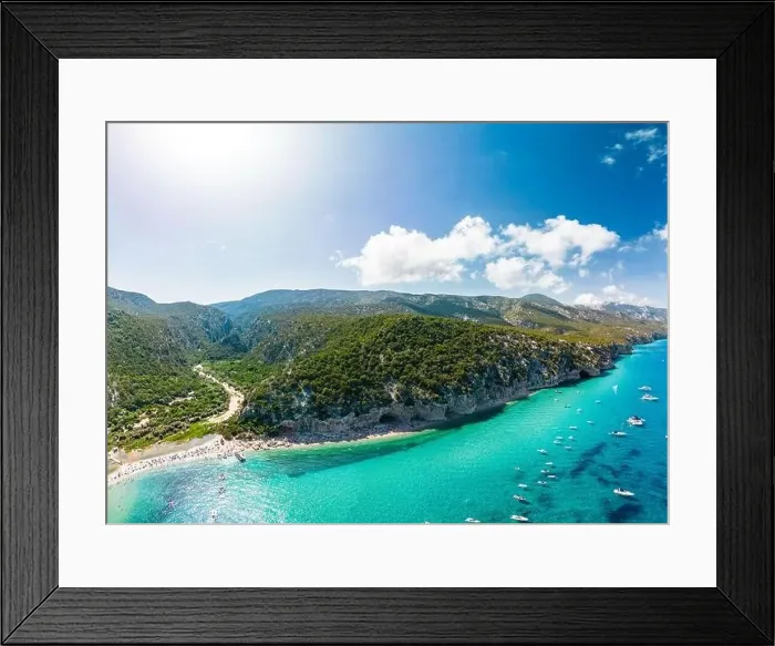 Framed Print : Aerial drone view of the vibrant Cala Luna Beach on Sardinia island, Italy Framed Print : Aerial drone view of the vibrant Cala Luna Beach on Sardinia island, Italy