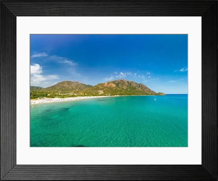 Framed Print : Aerial drone panorama of Foxi Manna beach in Tertenia. Sardinia, Italy
