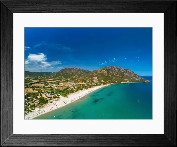 Framed Print : Aerial drone panorama of Foxi Manna beach in Tertenia. Sardinia, Italy