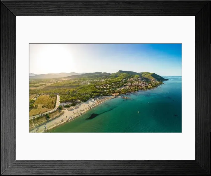 Framed Print : Aerial drone panoramic view of Porto Tramatzu beach and the town, Sardinia, Italy Framed Print : Aerial drone panoramic view of Porto Tramatzu beach and the town, Sardinia, Italy