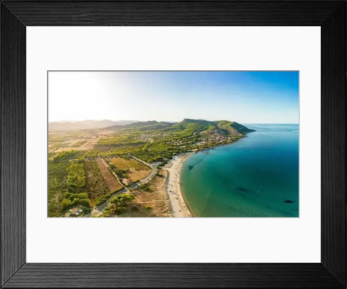 Framed Print : Aerial drone panoramic view of Porto Tramatzu beach and the town, Sardinia, Italy Framed Print : Aerial drone panoramic view of Porto Tramatzu beach and the town, Sardinia, Italy