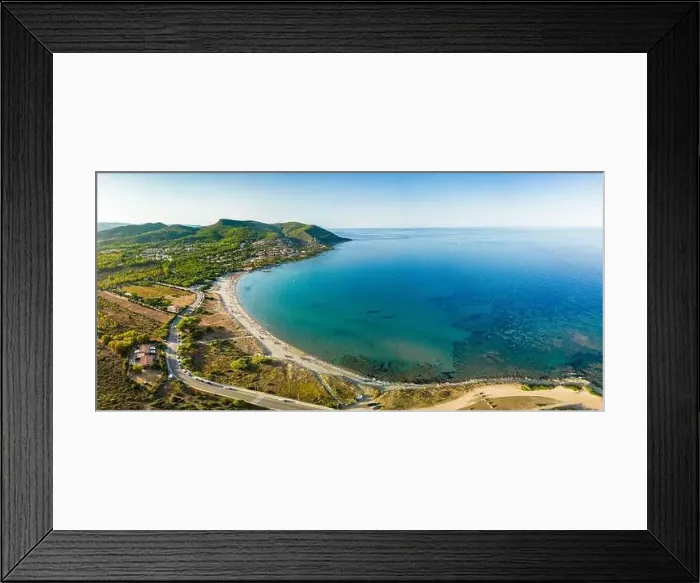 Framed Print : Aerial drone panoramic view of Porto Tramatzu beach and the town, Sardinia, Italy Framed Print : Aerial drone panoramic view of Porto Tramatzu beach and the town, Sardinia, Italy