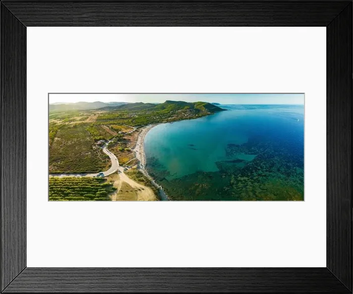 Framed Print : Aerial drone panoramic view of Porto Tramatzu beach and the town, Sardinia, Italy Framed Print : Aerial drone panoramic view of Porto Tramatzu beach and the town, Sardinia, Italy
