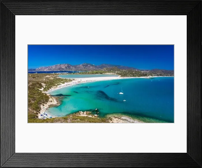 Framed Print : Aerial done panoramic view of Porto Giunco beach and tower in Villasimius, Sardinia, Italy Framed Print : Aerial done panoramic view of Porto Giunco beach and tower in Villasimius, Sardinia, Italy