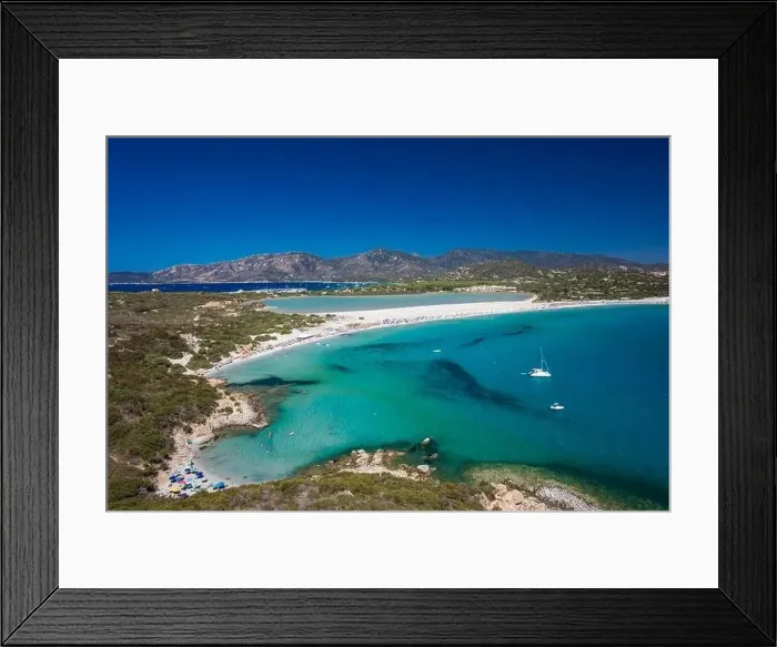 Framed Print : Aerial done panoramic view of Porto Giunco beach and tower in Villasimius, Sardinia, Italy Framed Print : Aerial done panoramic view of Porto Giunco beach and tower in Villasimius, Sardinia, Italy