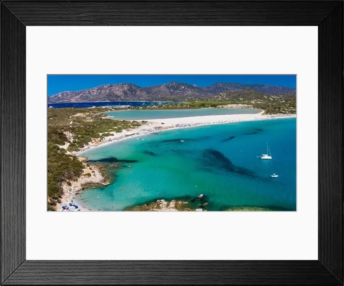 Framed Print : Aerial done panoramic view of Porto Giunco beach and tower in Villasimius, Sardinia, Italy Framed Print : Aerial done panoramic view of Porto Giunco beach and tower in Villasimius, Sardinia, Italy