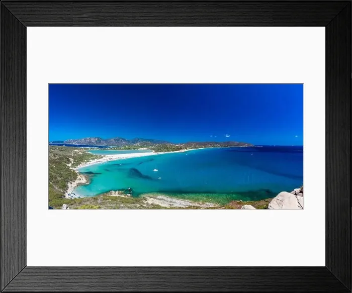 Framed Print : Aerial done panoramic view of Porto Giunco beach and tower in Villasimius, Sardinia, Italy Framed Print : Aerial done panoramic view of Porto Giunco beach and tower in Villasimius, Sardinia, Italy
