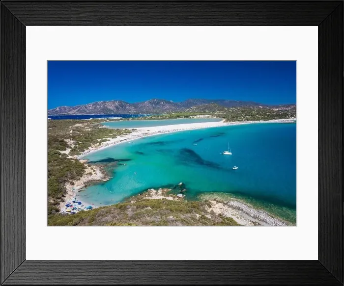 Framed Print : Aerial done panoramic view of Porto Giunco beach and tower in Villasimius, Sardinia, Italy Framed Print : Aerial done panoramic view of Porto Giunco beach and tower in Villasimius, Sardinia, Italy
