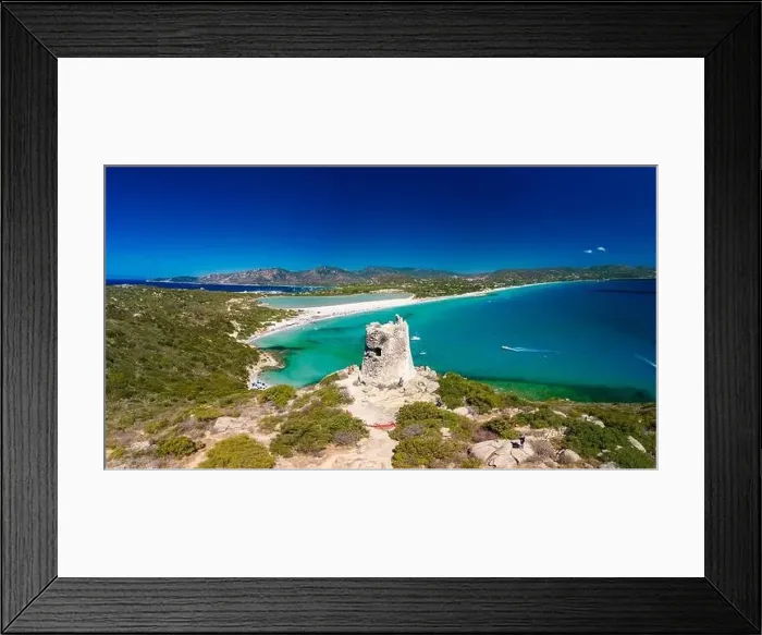 Framed Print : Aerial done panoramic view of Porto Giunco beach and tower in Villasimius, Sardinia, Italy Framed Print : Aerial done panoramic view of Porto Giunco beach and tower in Villasimius, Sardinia, Italy