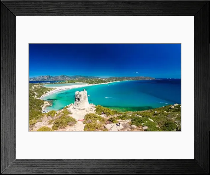 Framed Print : Aerial done panoramic view of Porto Giunco beach and tower in Villasimius, Sardinia, Italy Framed Print : Aerial done panoramic view of Porto Giunco beach and tower in Villasimius, Sardinia, Italy