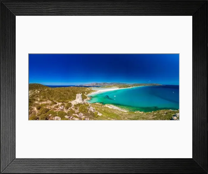 Framed Print : Aerial done panoramic view of Porto Giunco beach and tower in Villasimius, Sardinia, Italy Framed Print : Aerial done panoramic view of Porto Giunco beach and tower in Villasimius, Sardinia, Italy
