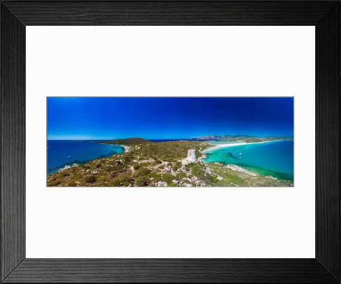 Framed Print : Aerial done panoramic view of Porto Giunco beach and tower in Villasimius, Sardinia, Italy Framed Print : Aerial done panoramic view of Porto Giunco beach and tower in Villasimius, Sardinia, Italy