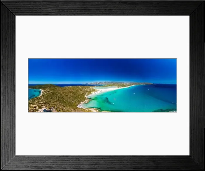 Framed Print : Aerial done panoramic view of Porto Giunco beach and tower in Villasimius, Sardinia, Italy Framed Print : Aerial done panoramic view of Porto Giunco beach and tower in Villasimius, Sardinia, Italy