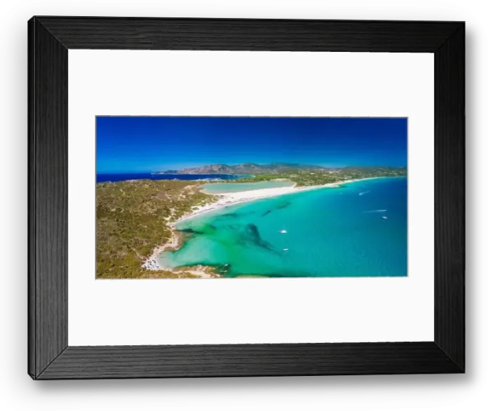 Framed Print : Aerial done panoramic view of Porto Giunco beach and tower in Villasimius, Sardinia, Italy Framed Print : Aerial done panoramic view of Porto Giunco beach and tower in Villasimius, Sardinia, Italy