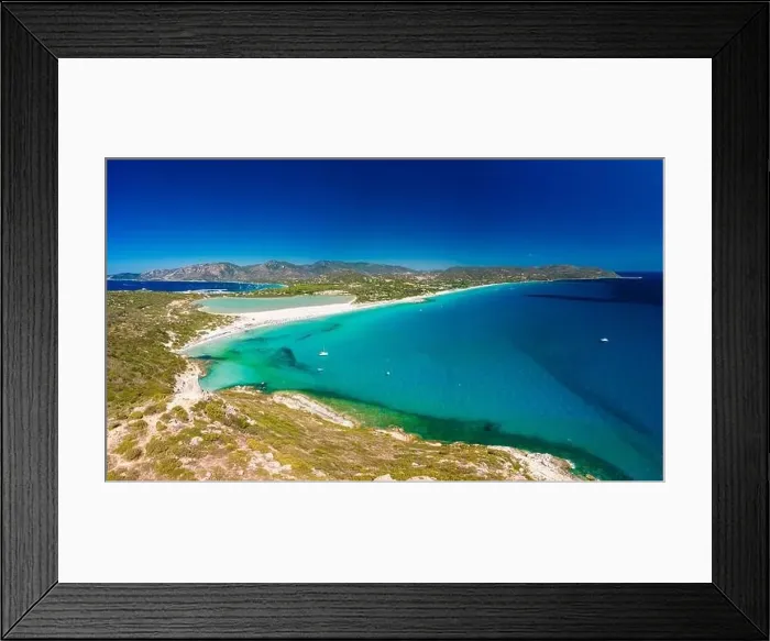 Framed Print : Aerial done panoramic view of Porto Giunco beach and tower in Villasimius, Sardinia, Italy Framed Print : Aerial done panoramic view of Porto Giunco beach and tower in Villasimius, Sardinia, Italy