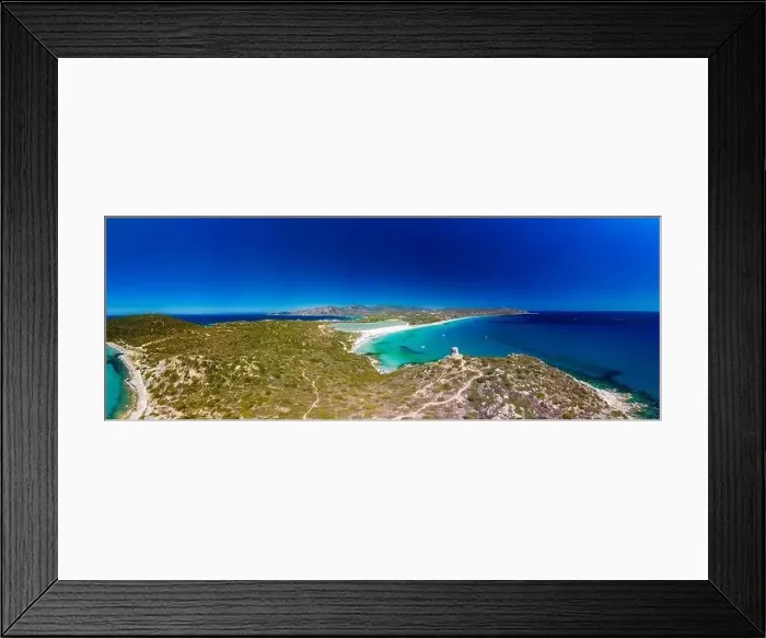 Framed Print : Aerial done panoramic view of Porto Giunco beach and tower in Villasimius, Sardinia, Italy Framed Print : Aerial done panoramic view of Porto Giunco beach and tower in Villasimius, Sardinia, Italy