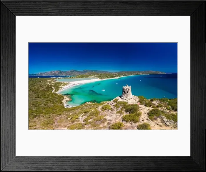 Framed Print : Aerial done panoramic view of Porto Giunco beach and tower in Villasimius, Sardinia, Italy Framed Print : Aerial done panoramic view of Porto Giunco beach and tower in Villasimius, Sardinia, Italy