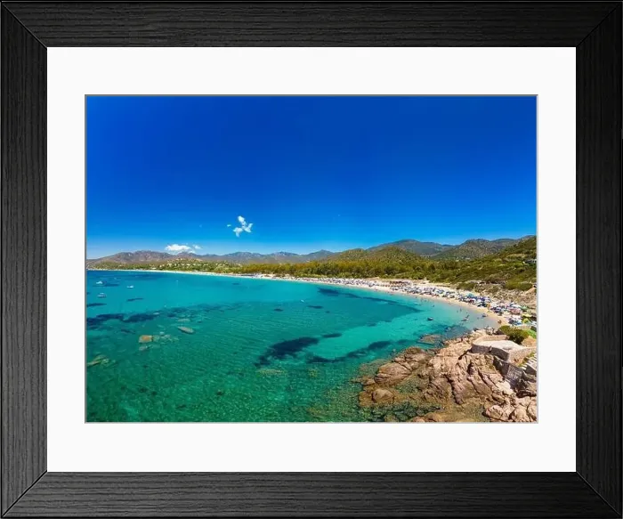 Framed Print : Aerial drone panoramic view of Kal'e Moru beach in Geremeas, Sardinia