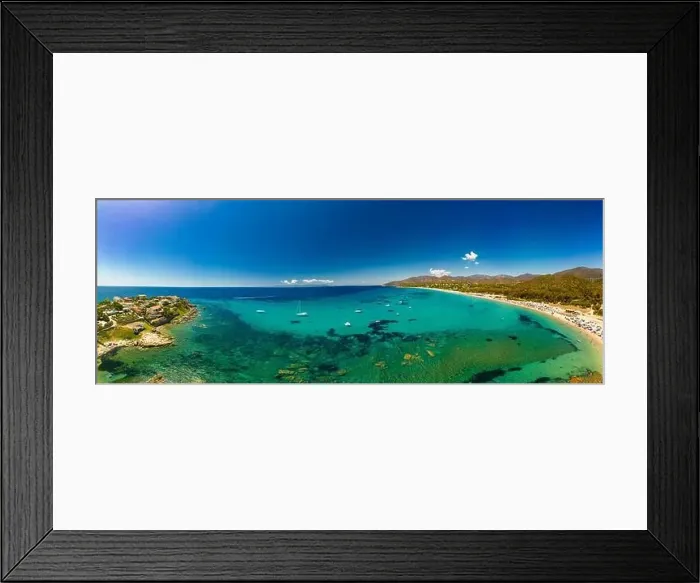 Framed Print : Aerial drone panoramic view of Kal'e Moru beach in Geremeas, Sardinia