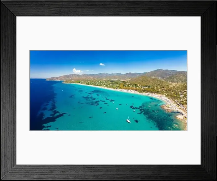Framed Print : Aerial drone panoramic view of Kal'e Moru beach in Geremeas, Sardinia
