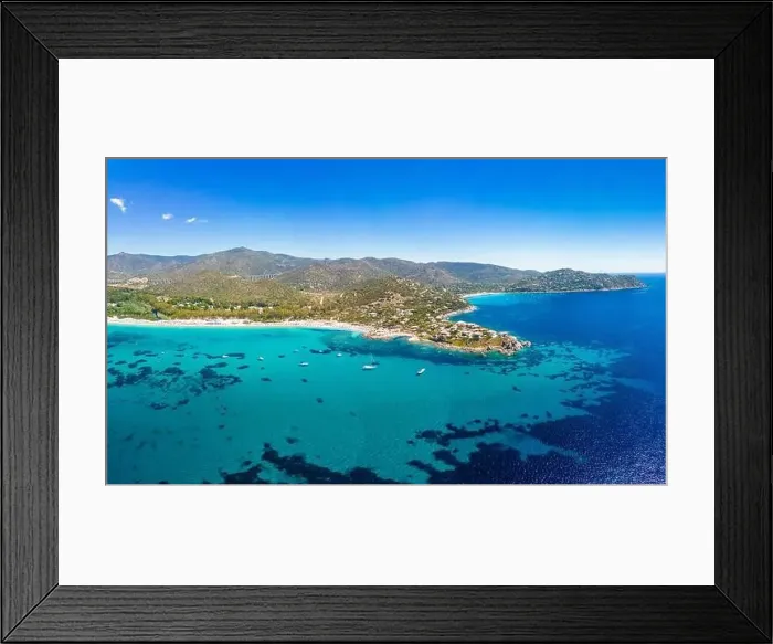 Framed Print : Aerial drone panoramic view of Kal'e Moru beach in Geremeas, Sardinia