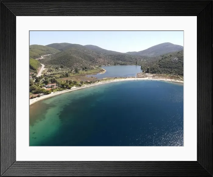 Framed Print : Panoramic drone photo of the tropical beach in the bay of Toroni in Halkidiki, Greece Framed Print : Panoramic drone photo of the tropical beach in the bay of Toroni in Halkidiki, Greece
