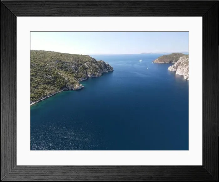 Framed Print : Panoramic drone photo of the tropical beach in the bay of Toroni in Halkidiki, Greece Framed Print : Panoramic drone photo of the tropical beach in the bay of Toroni in Halkidiki, Greece