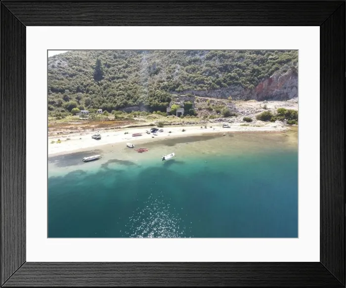 Framed Print : Panoramic drone photo of the tropical beach in the bay of Toroni in Halkidiki, Greece Framed Print : Panoramic drone photo of the tropical beach in the bay of Toroni in Halkidiki, Greece