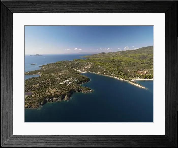 Framed Print : Panoramic drone photo of the tropical beach in the bay of Toroni in Halkidiki, Greece Framed Print : Panoramic drone photo of the tropical beach in the bay of Toroni in Halkidiki, Greece
