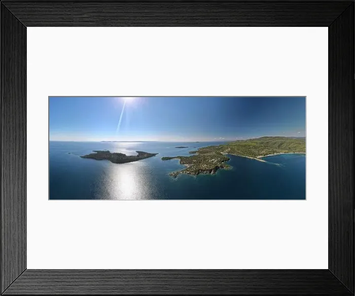 Framed Print : Panoramic drone photo of the tropical beach in the bay of Toroni in Halkidiki, Greece Framed Print : Panoramic drone photo of the tropical beach in the bay of Toroni in Halkidiki, Greece