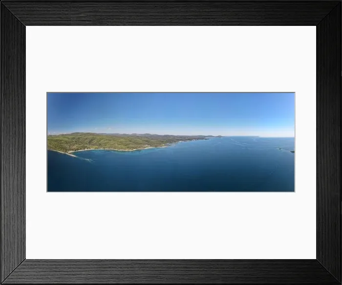 Framed Print : Panoramic drone photo of the tropical beach in the bay of Toroni in Halkidiki, Greece Framed Print : Panoramic drone photo of the tropical beach in the bay of Toroni in Halkidiki, Greece