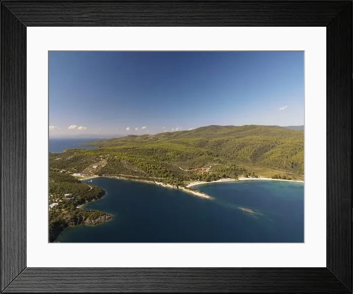 Framed Print : Panoramic drone photo of the tropical beach in the bay of Toroni in Halkidiki, Greece Framed Print : Panoramic drone photo of the tropical beach in the bay of Toroni in Halkidiki, Greece