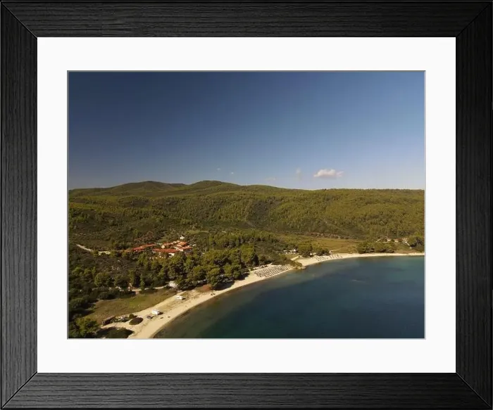 Framed Print : Panoramic drone photo of the tropical beach in the bay of Toroni in Halkidiki, Greece Framed Print : Panoramic drone photo of the tropical beach in the bay of Toroni in Halkidiki, Greece