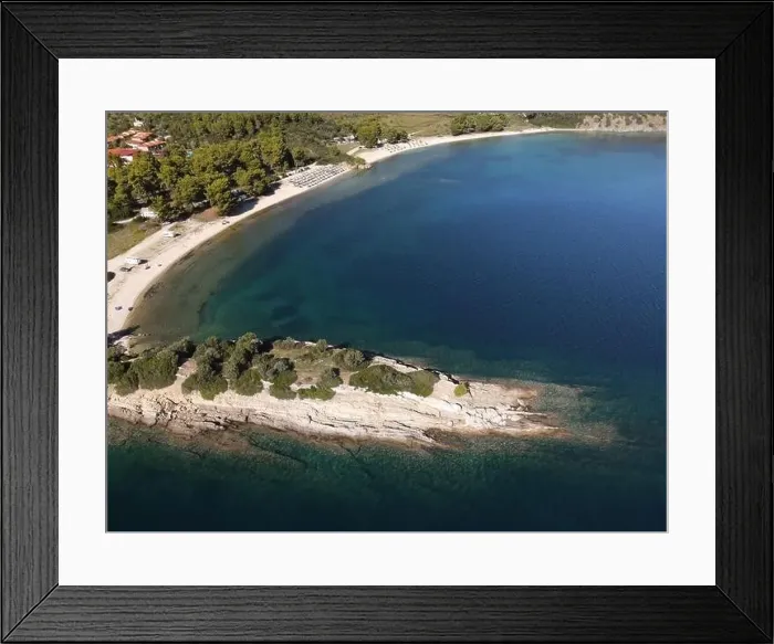 Framed Print : Panoramic drone photo of the tropical beach in the bay of Toroni in Halkidiki, Greece Framed Print : Panoramic drone photo of the tropical beach in the bay of Toroni in Halkidiki, Greece