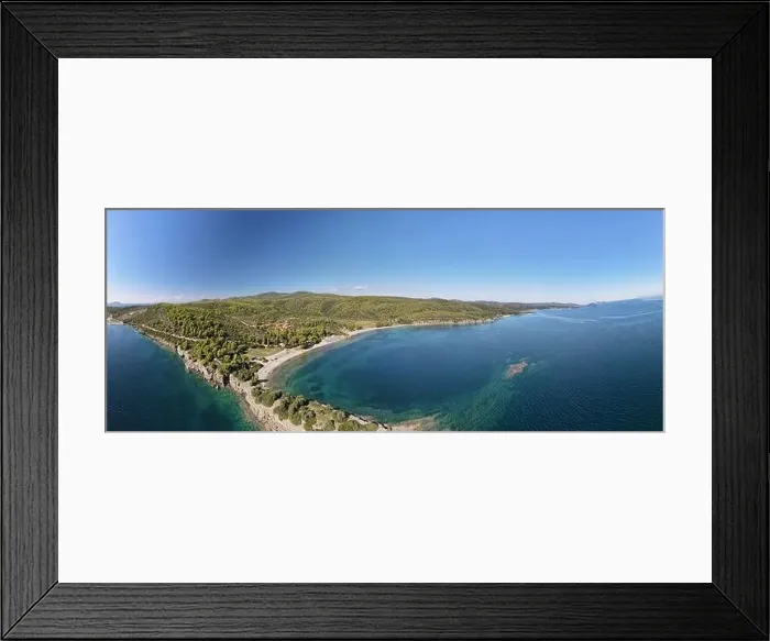 Framed Print : Panoramic drone photo of the tropical beach in the bay of Toroni in Halkidiki, Greece Framed Print : Panoramic drone photo of the tropical beach in the bay of Toroni in Halkidiki, Greece