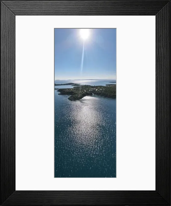 Framed Print : Panoramic drone photo of the tropical beach in the bay of Toroni in Halkidiki, Greece Framed Print : Panoramic drone photo of the tropical beach in the bay of Toroni in Halkidiki, Greece