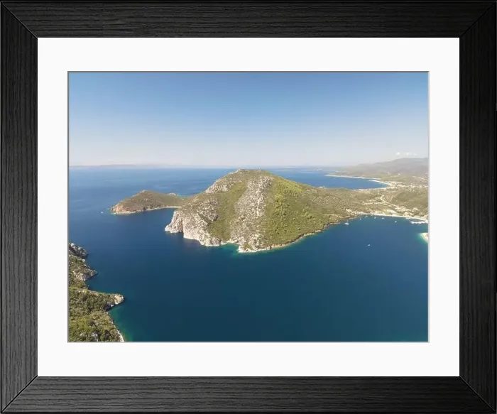 Framed Print : Panoramic drone photo of the tropical beach in the bay of Toroni in Halkidiki, Greece Framed Print : Panoramic drone photo of the tropical beach in the bay of Toroni in Halkidiki, Greece