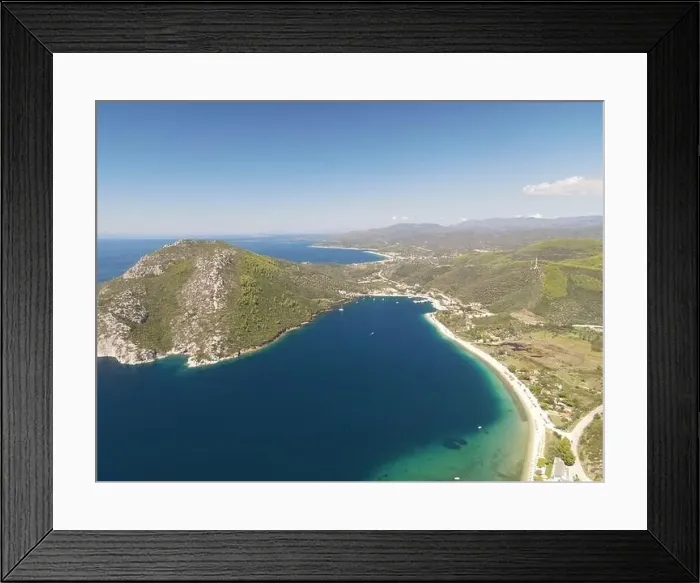 Framed Print : Panoramic drone photo of the tropical beach in the bay of Toroni in Halkidiki, Greece Framed Print : Panoramic drone photo of the tropical beach in the bay of Toroni in Halkidiki, Greece