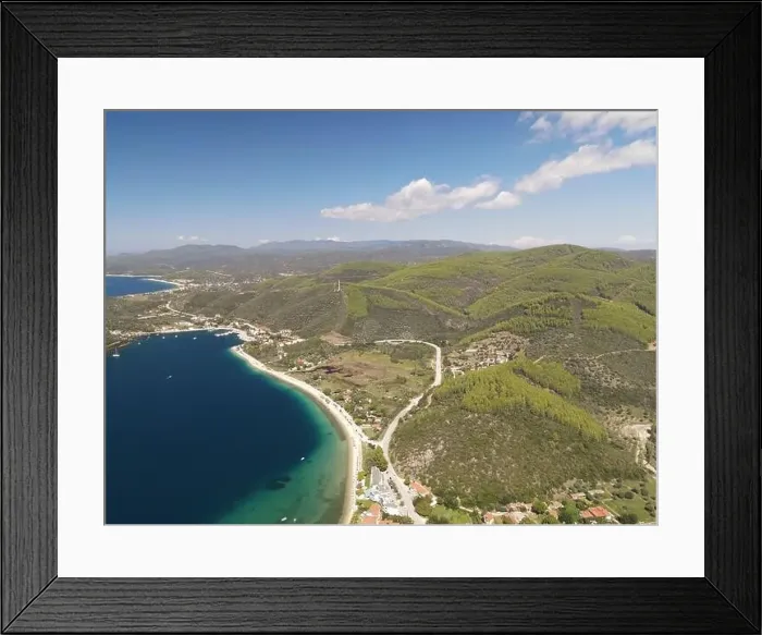 Framed Print : Panoramic drone photo of the tropical beach in the bay of Toroni in Halkidiki, Greece Framed Print : Panoramic drone photo of the tropical beach in the bay of Toroni in Halkidiki, Greece